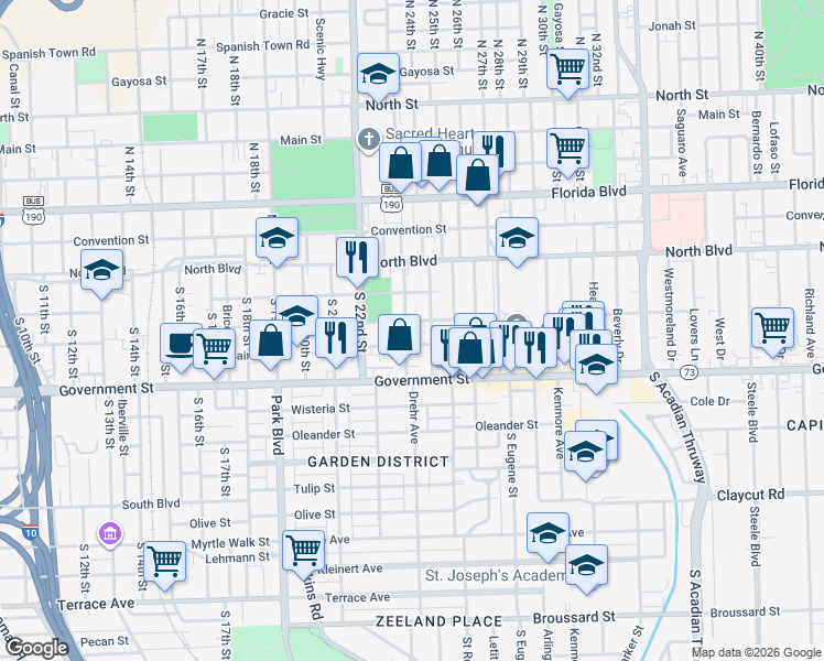 map of restaurants, bars, coffee shops, grocery stores, and more near 323 Delphine Street in Baton Rouge