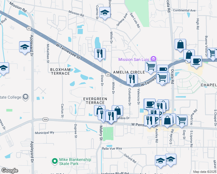 map of restaurants, bars, coffee shops, grocery stores, and more near 301 Dixie Drive in Tallahassee