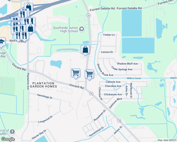 map of restaurants, bars, coffee shops, grocery stores, and more near 8646 Shadow Springs Boulevard in Denham Springs