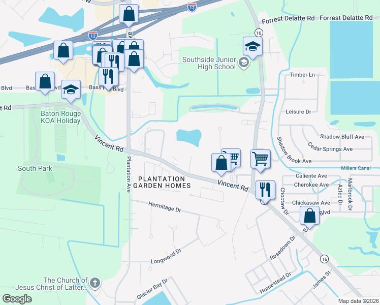 map of restaurants, bars, coffee shops, grocery stores, and more near 8275 Vincent Road in Denham Springs