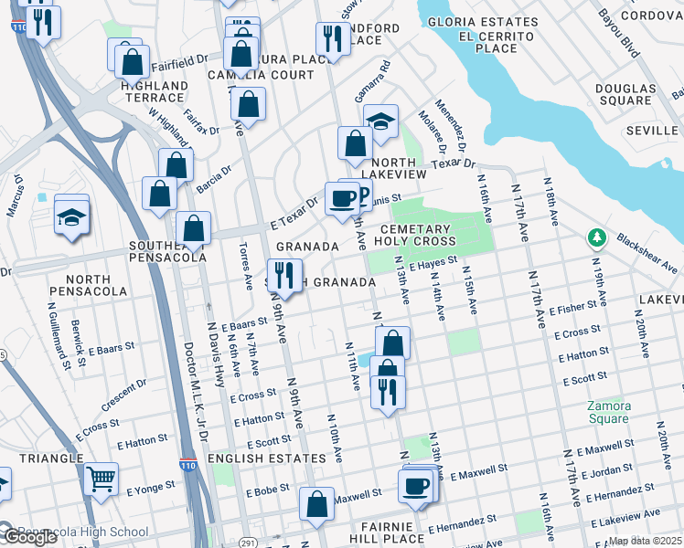 map of restaurants, bars, coffee shops, grocery stores, and more near 1100 East Hayes Street in Pensacola