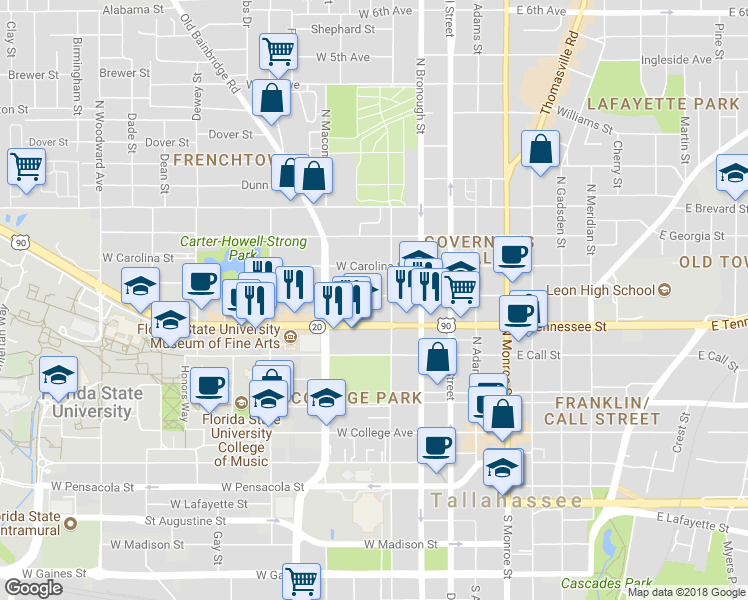 map of restaurants, bars, coffee shops, grocery stores, and more near 415 West Virginia Street in Tallahassee