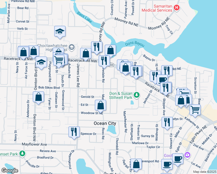map of restaurants, bars, coffee shops, grocery stores, and more near 500 Division Street in Fort Walton Beach