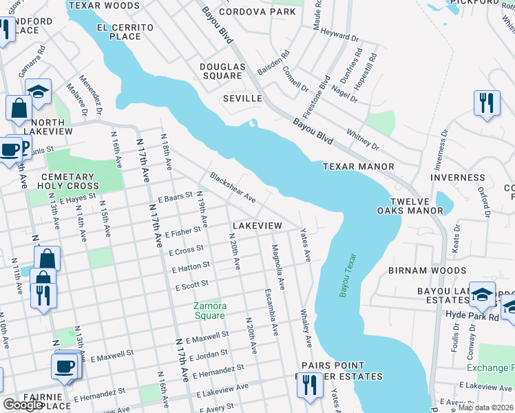 map of restaurants, bars, coffee shops, grocery stores, and more near 2801 Blackshear Avenue in Pensacola