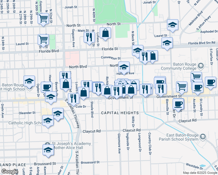 map of restaurants, bars, coffee shops, grocery stores, and more near 370 Edison Street in Baton Rouge