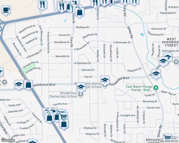 map of restaurants, bars, coffee shops, grocery stores, and more near 9876 Damuth Drive in Baton Rouge
