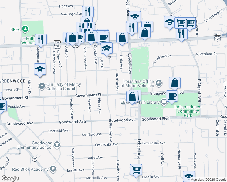 map of restaurants, bars, coffee shops, grocery stores, and more near 7241 Government Street in Baton Rouge