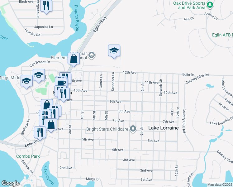 map of restaurants, bars, coffee shops, grocery stores, and more near 73 7th Street in Shalimar
