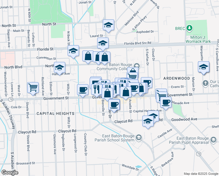 map of restaurants, bars, coffee shops, grocery stores, and more near 397 South Foster Drive in Baton Rouge