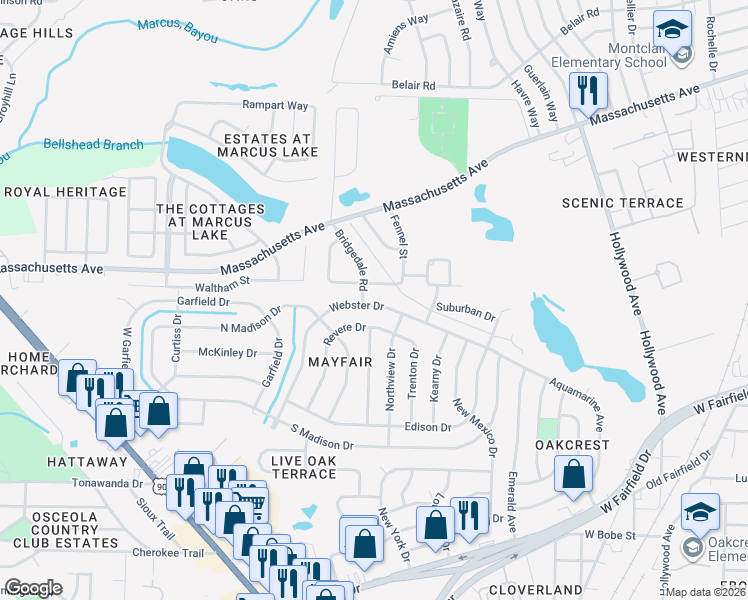 map of restaurants, bars, coffee shops, grocery stores, and more near 1121 Webster Drive in Pensacola