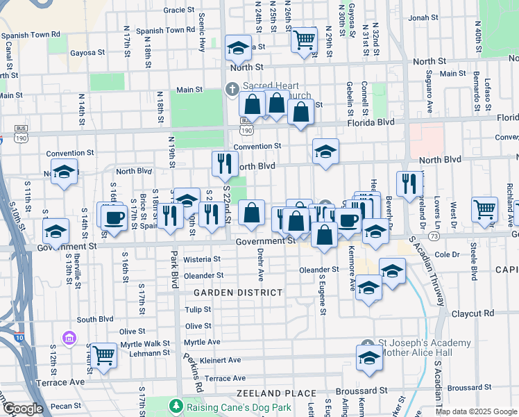map of restaurants, bars, coffee shops, grocery stores, and more near 323 Delphine Street in Baton Rouge