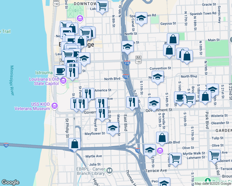map of restaurants, bars, coffee shops, grocery stores, and more near 235 Grandpre Street in Baton Rouge