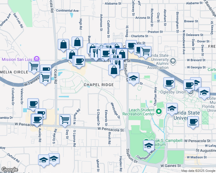 map of restaurants, bars, coffee shops, grocery stores, and more near 415 Chapel Drive in Tallahassee