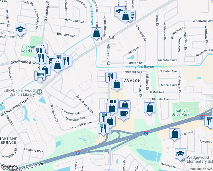 map of restaurants, bars, coffee shops, grocery stores, and more near 2143 Walnut Ridge Avenue in Baton Rouge