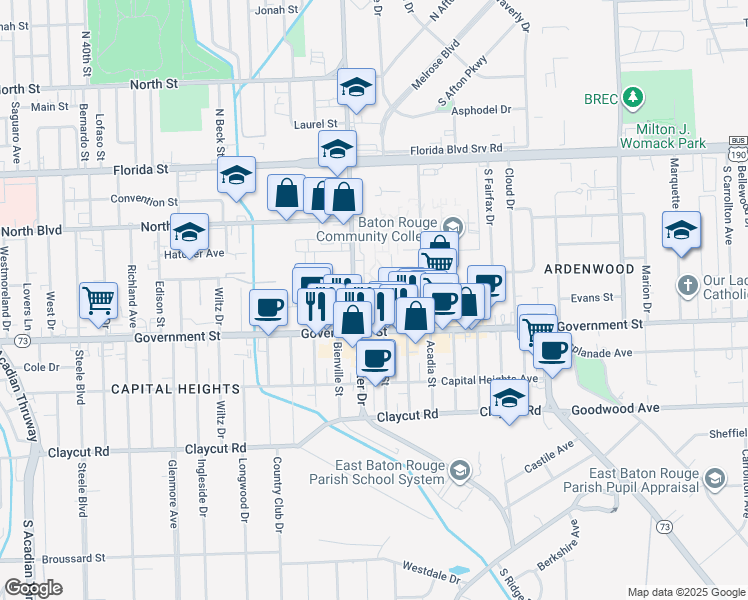 map of restaurants, bars, coffee shops, grocery stores, and more near 397 South Foster Drive in Baton Rouge