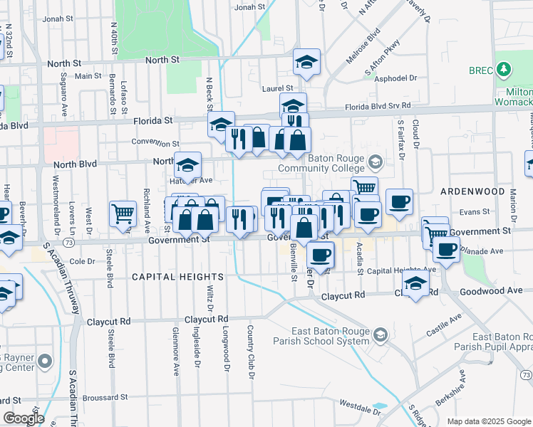 map of restaurants, bars, coffee shops, grocery stores, and more near 4615 Government Street in Baton Rouge