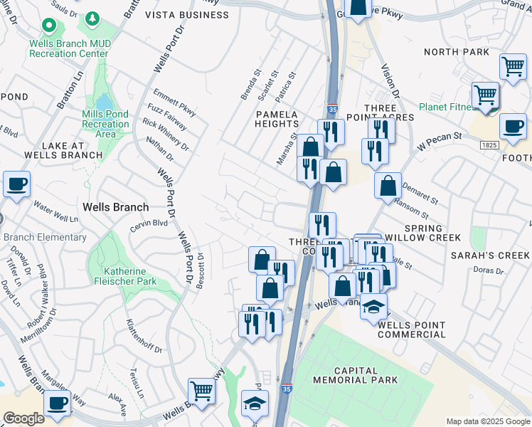 map of restaurants, bars, coffee shops, grocery stores, and more near 1814 Fleischer Drive in Austin