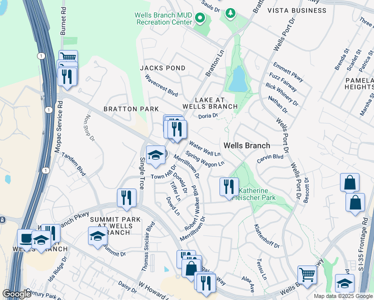 map of restaurants, bars, coffee shops, grocery stores, and more near 2502 Spring Wagon Lane in Austin