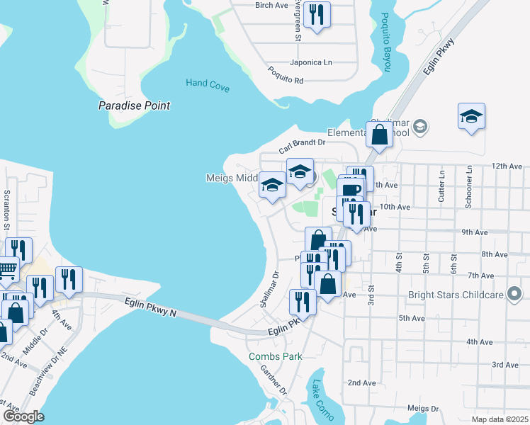 map of restaurants, bars, coffee shops, grocery stores, and more near 2550 Palm Shores Drive in Shalimar