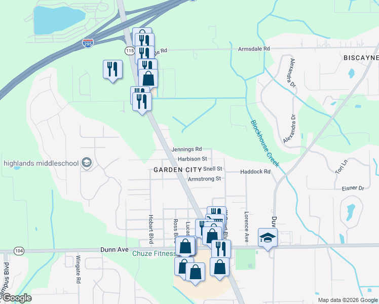 map of restaurants, bars, coffee shops, grocery stores, and more near 3132 Harbison Street in Jacksonville