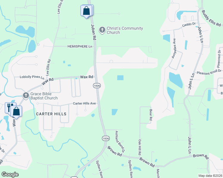 map of restaurants, bars, coffee shops, grocery stores, and more near 26110 Juban Road in Denham Springs