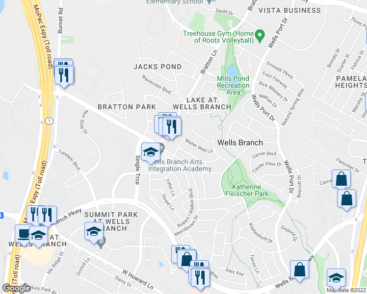 map of restaurants, bars, coffee shops, grocery stores, and more near 2502 Spring Wagon Lane in Austin