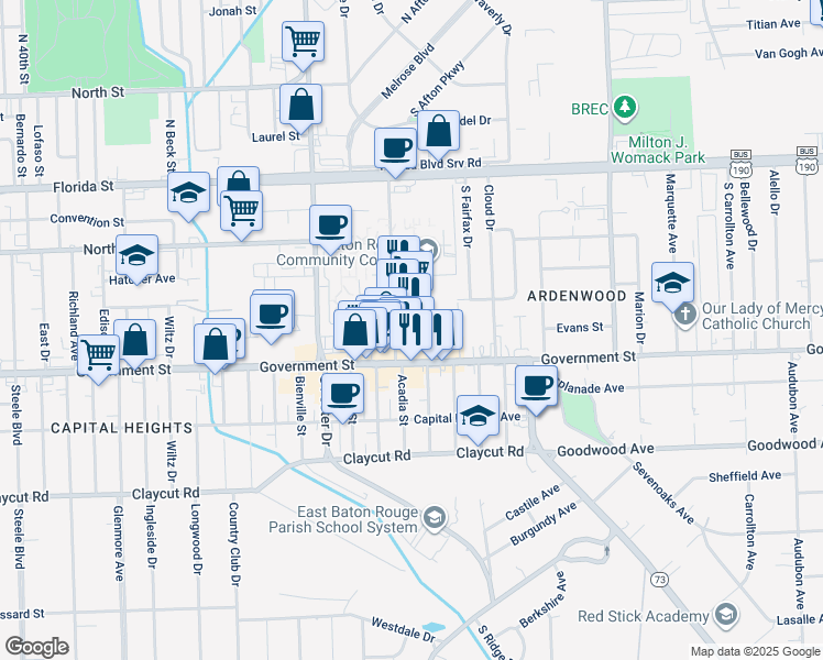 map of restaurants, bars, coffee shops, grocery stores, and more near 5355 Government Street in Baton Rouge