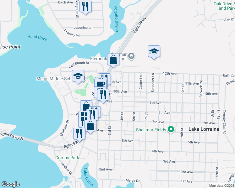 map of restaurants, bars, coffee shops, grocery stores, and more near 22 10th Avenue in Shalimar