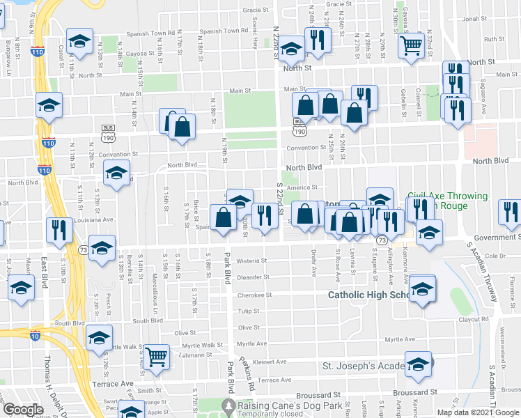 map of restaurants, bars, coffee shops, grocery stores, and more near 302 South 21st Street in Baton Rouge