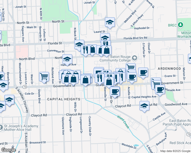 map of restaurants, bars, coffee shops, grocery stores, and more near 4735 Government Street in Baton Rouge