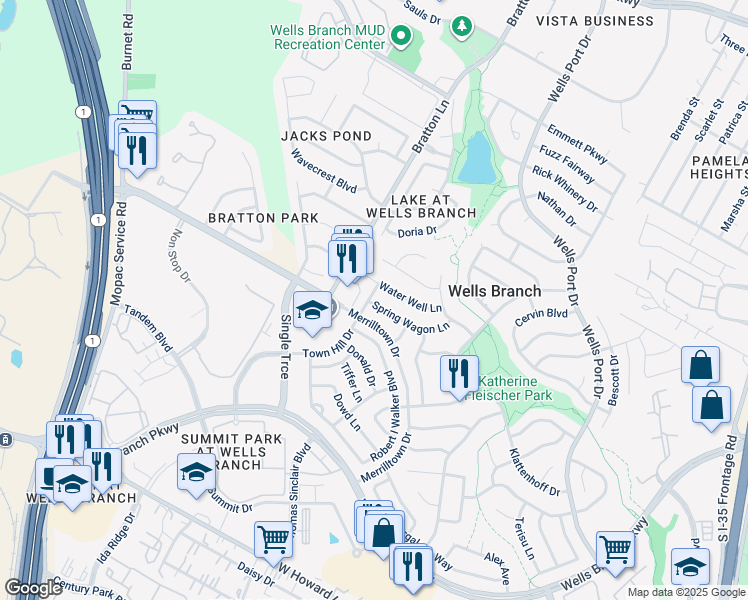 map of restaurants, bars, coffee shops, grocery stores, and more near 2502 Spring Wagon Lane in Austin