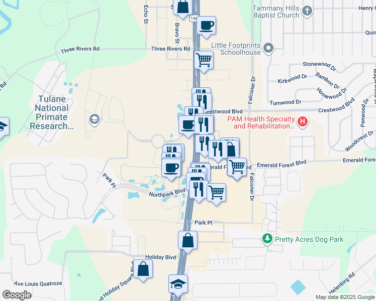 map of restaurants, bars, coffee shops, grocery stores, and more near 1001 U.S. 190 in Covington