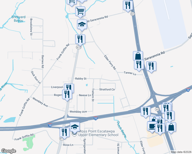 map of restaurants, bars, coffee shops, grocery stores, and more near 4301 Rabby Street in Moss Point