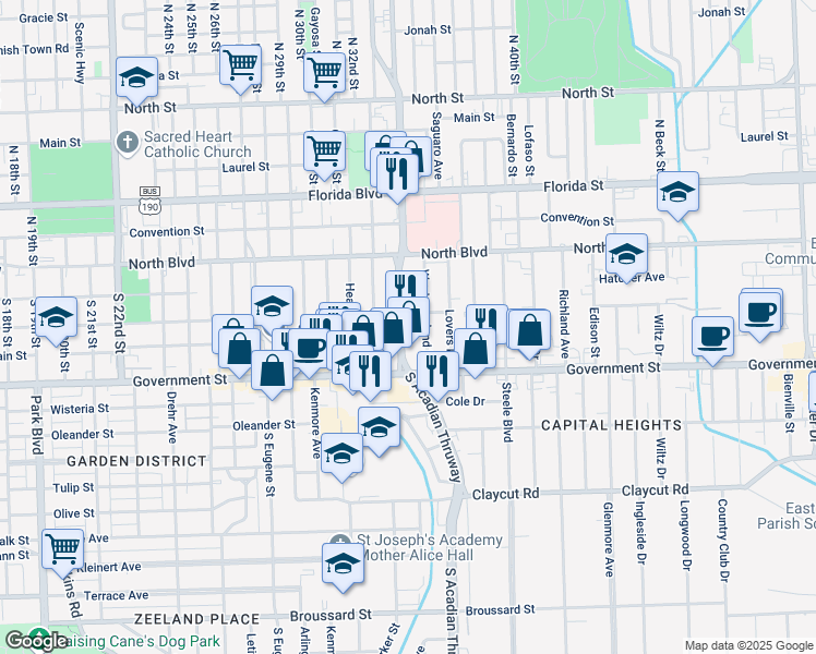 map of restaurants, bars, coffee shops, grocery stores, and more near 350 South Acadian Thruway in Baton Rouge