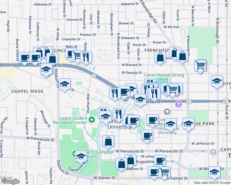 map of restaurants, bars, coffee shops, grocery stores, and more near 530 West Call Street in Tallahassee