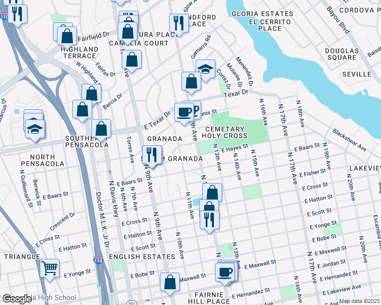 map of restaurants, bars, coffee shops, grocery stores, and more near 1140 East Hayes Street in Pensacola