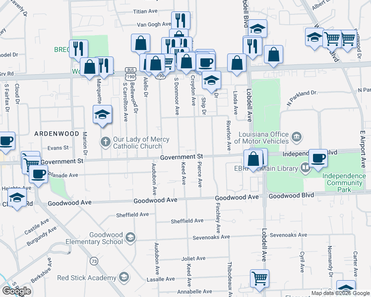 map of restaurants, bars, coffee shops, grocery stores, and more near 7036 Etage Court in Baton Rouge