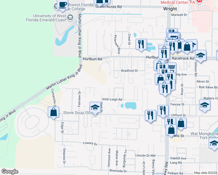 map of restaurants, bars, coffee shops, grocery stores, and more near 924 Lawton Court in Fort Walton Beach