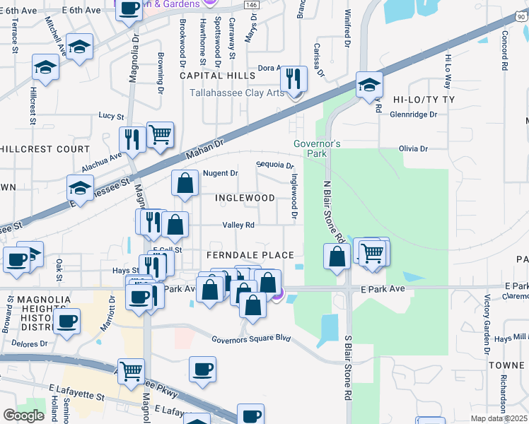 map of restaurants, bars, coffee shops, grocery stores, and more near 303 Chestnut Drive in Tallahassee