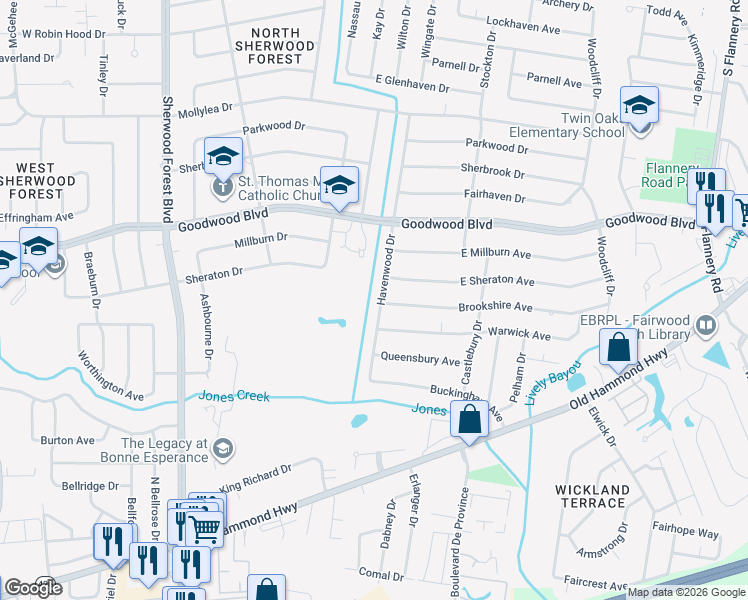 map of restaurants, bars, coffee shops, grocery stores, and more near 12244 Brookshire Avenue in Baton Rouge