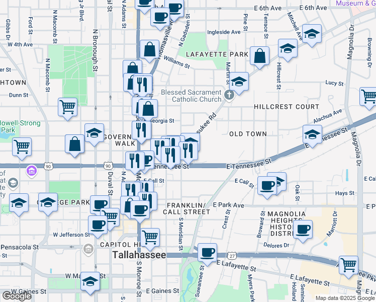 map of restaurants, bars, coffee shops, grocery stores, and more near 329 North Meridian Street in Tallahassee
