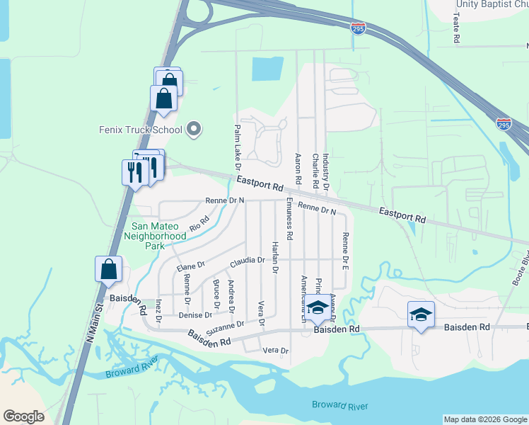 map of restaurants, bars, coffee shops, grocery stores, and more near 11515 Vera Drive in Jacksonville