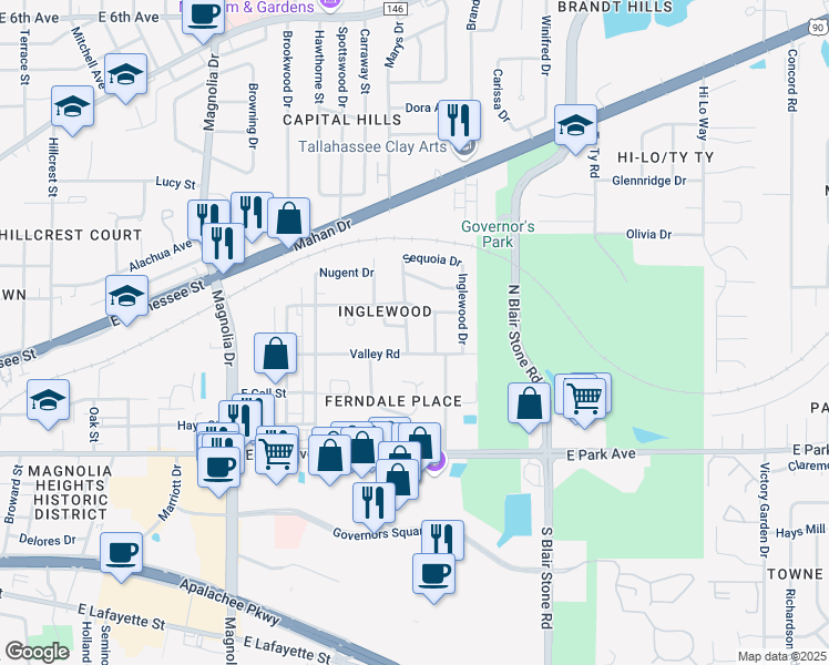 map of restaurants, bars, coffee shops, grocery stores, and more near 303 Chestnut Drive in Tallahassee