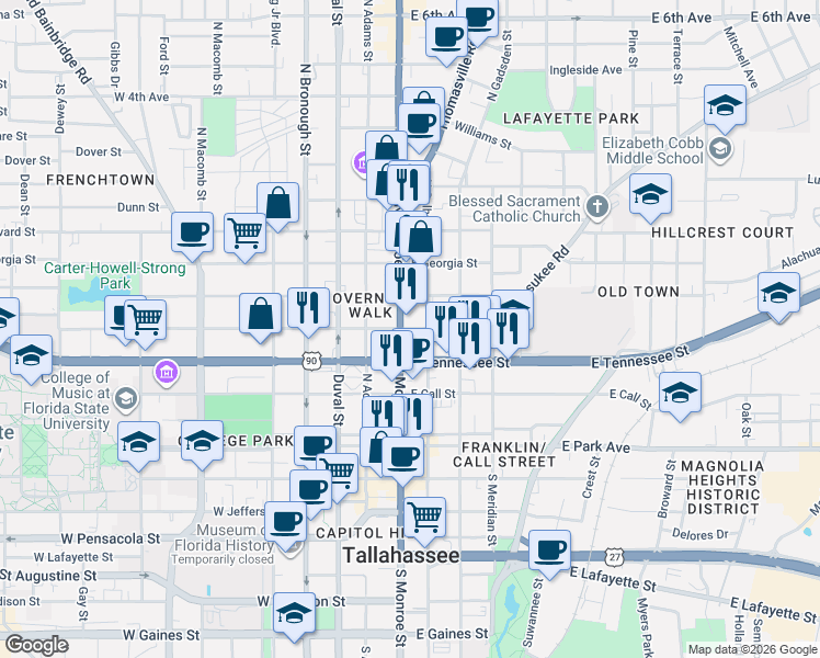 map of restaurants, bars, coffee shops, grocery stores, and more near 215 East Virginia Street in Tallahassee