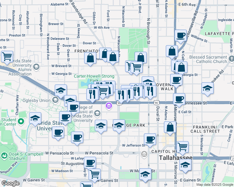 map of restaurants, bars, coffee shops, grocery stores, and more near 457 West Virginia Street in Tallahassee