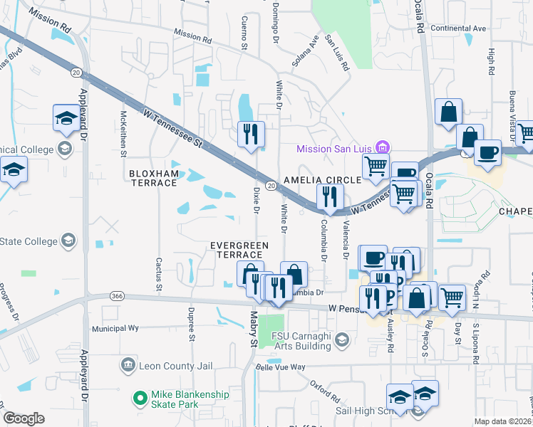 map of restaurants, bars, coffee shops, grocery stores, and more near 301 Dixie Drive in Tallahassee