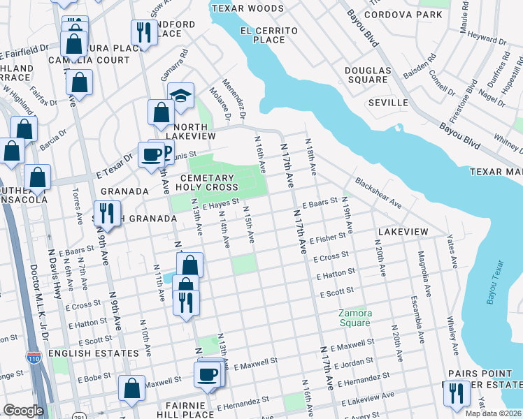 map of restaurants, bars, coffee shops, grocery stores, and more near 1526 East Baars Street in Pensacola