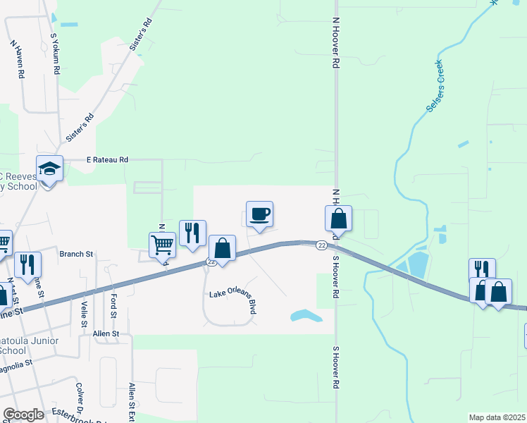 map of restaurants, bars, coffee shops, grocery stores, and more near 127A Village Oaks Boulevard in Ponchatoula