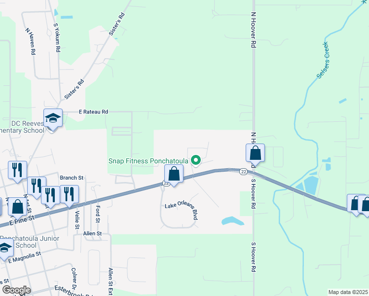 map of restaurants, bars, coffee shops, grocery stores, and more near 154A Village Oaks Boulevard in Ponchatoula