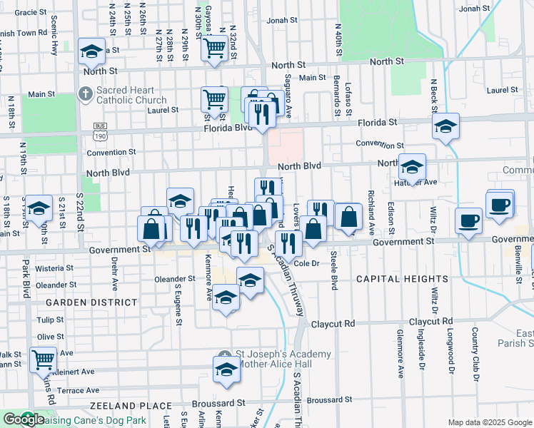 map of restaurants, bars, coffee shops, grocery stores, and more near 350 South Acadian Thruway in Baton Rouge